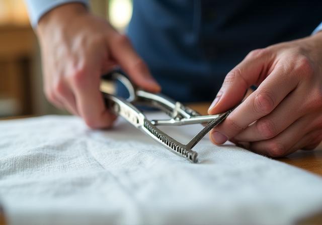 Un artigiano che taglia finissimo cotone italiano per una camicia su misura